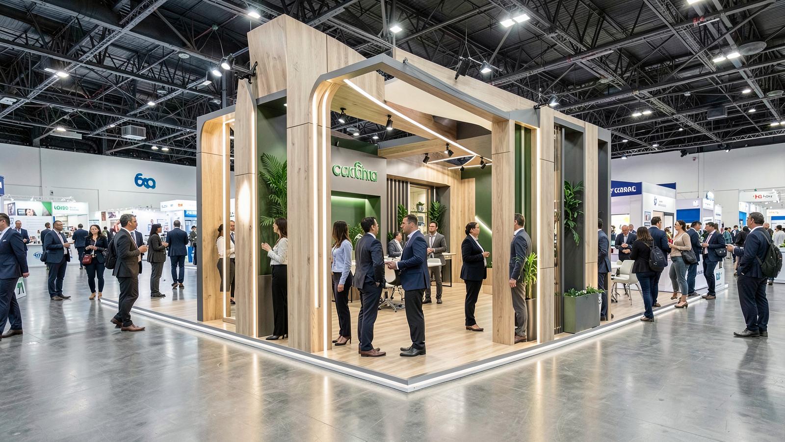 Projeto de stand premium em feira de negócios com visitantes e áreas de atendimento