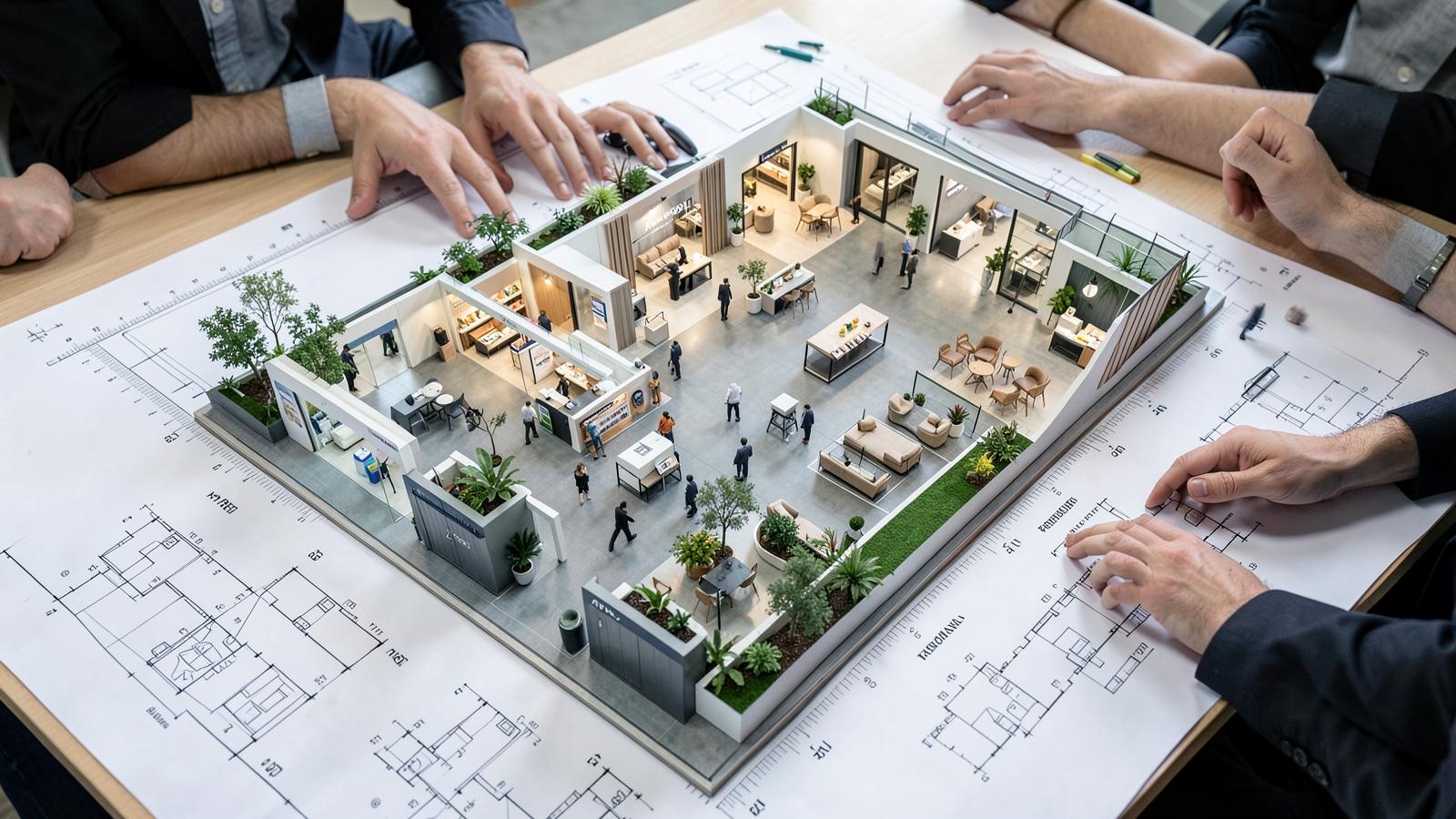 Maquete de projeto de stand com recepção, produtos, lounge, reunião e circulação