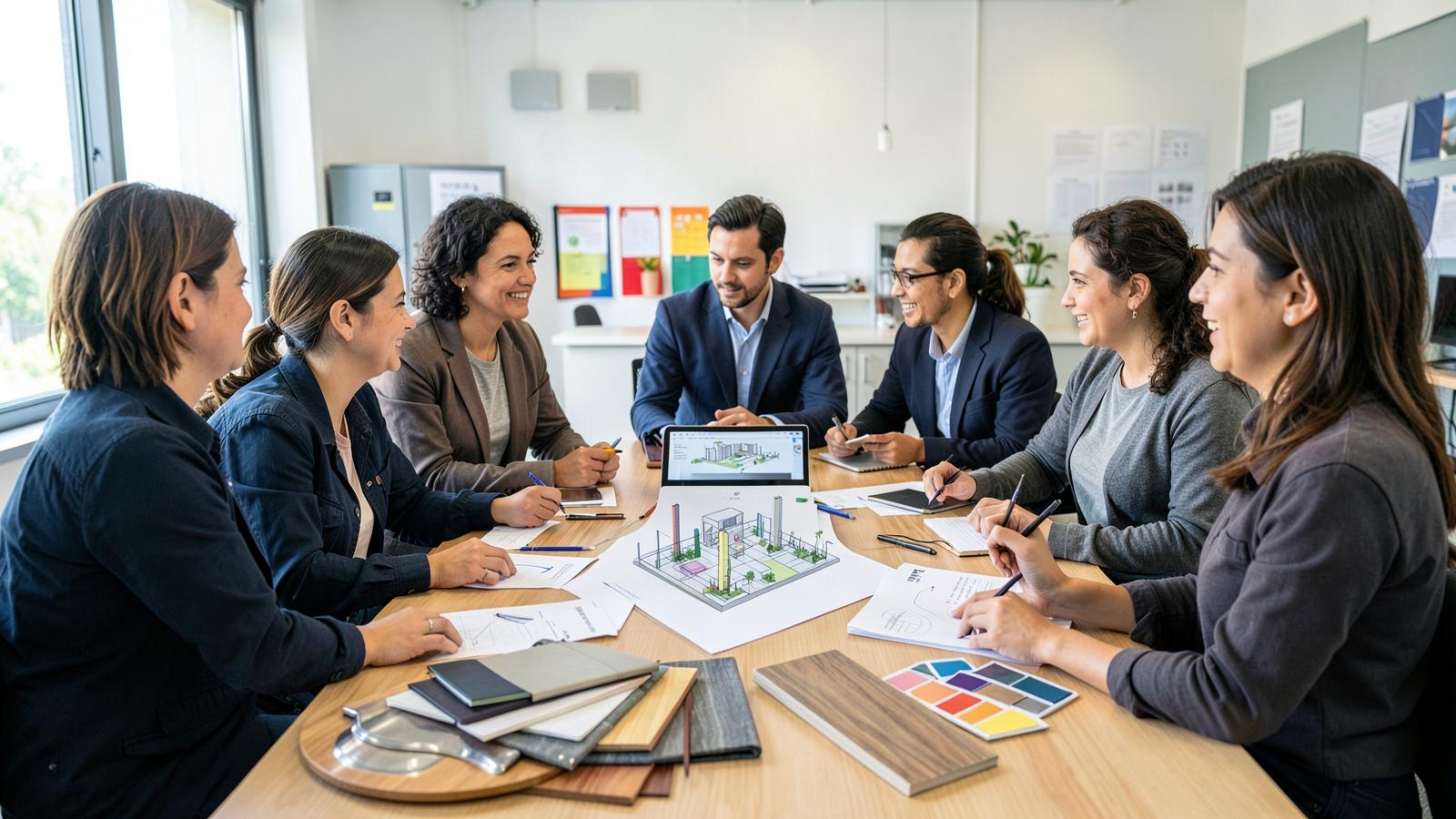 Equipe de arquitetura e marketing reunida com planta e amostras para projetar um stand