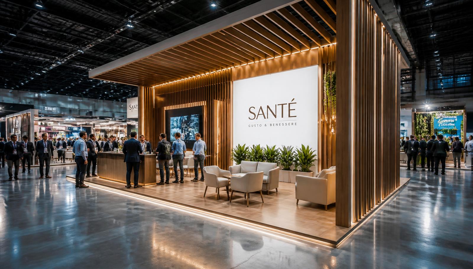 Projeto de stand personalizado para evento em Curitiba, com lounge e iluminação