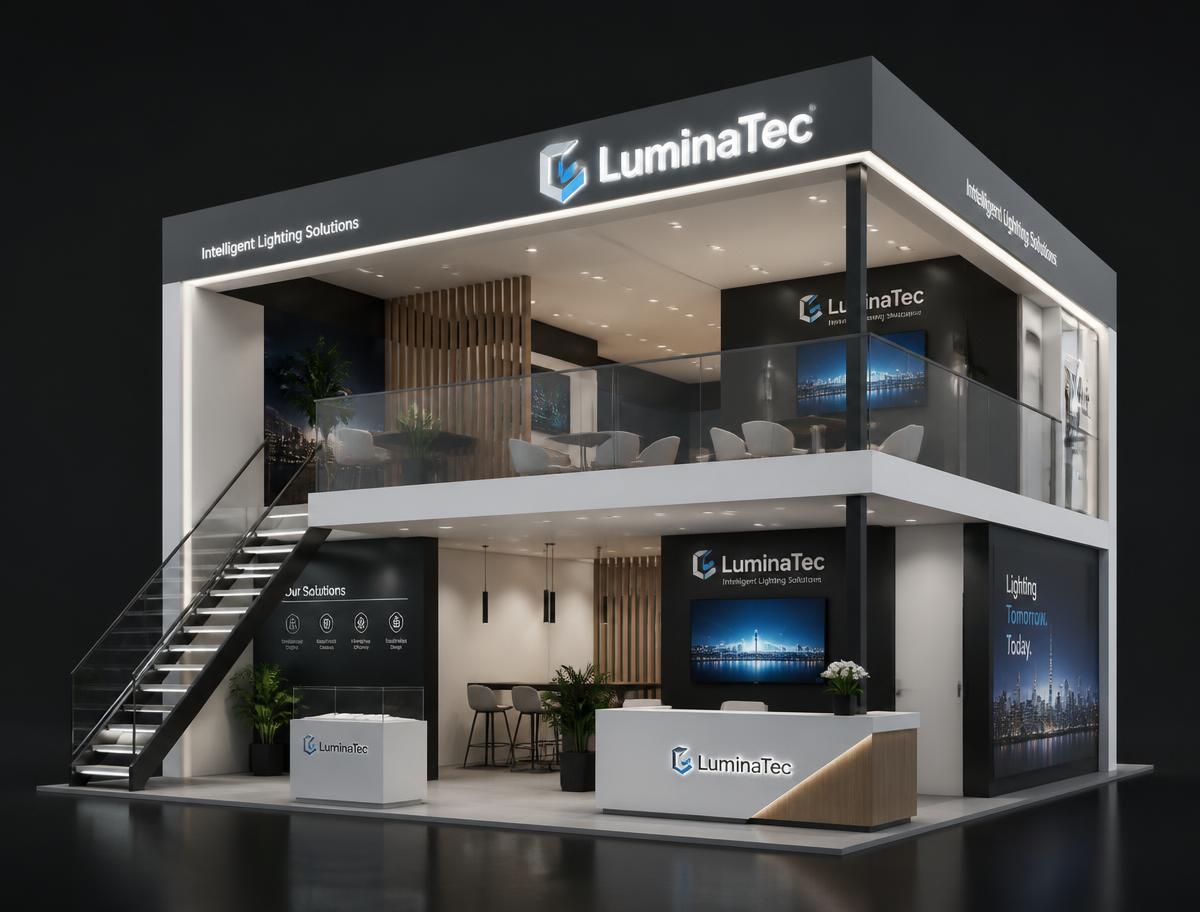 Render de stand construído em dois pisos com mezanino para evento