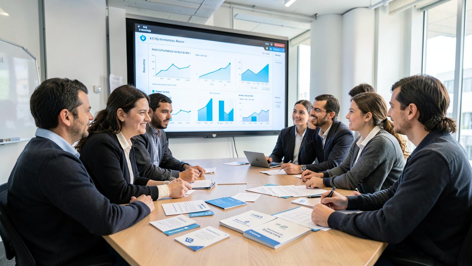Equipe analisando indicadores depois de uma feira de negócios