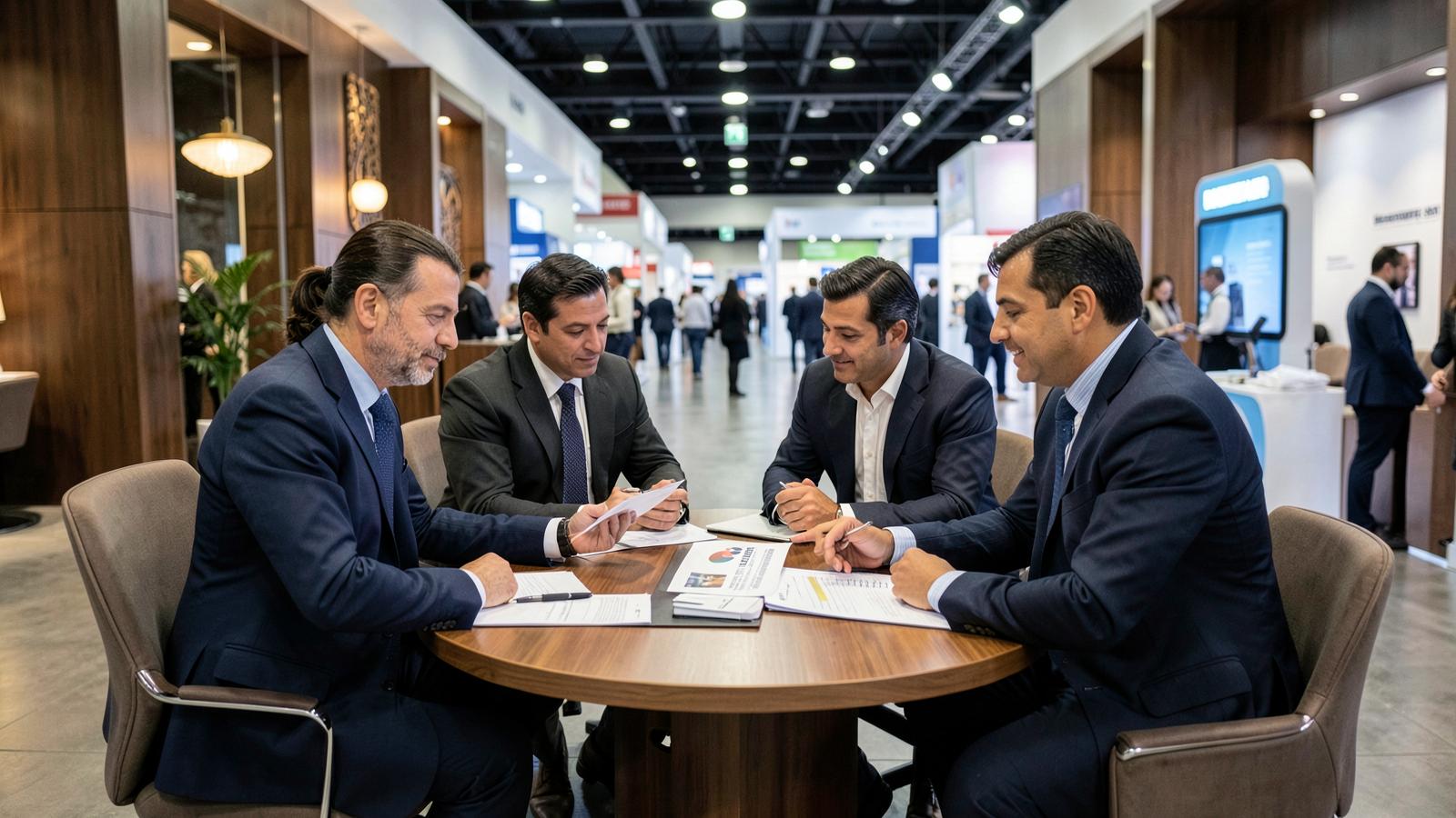 Executivos realizando reunião de negócios em lounge de stand