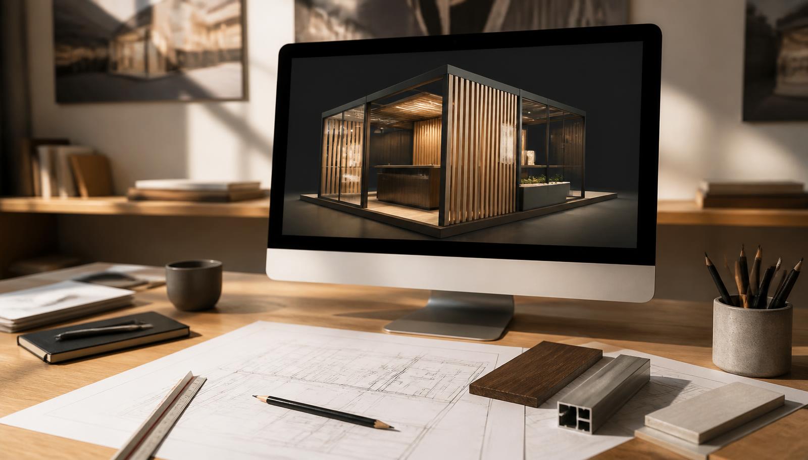 Tela de computador exibindo o render 3D de um stand em madeira e vidro, ao lado de plantas impressas e amostras de materiais
