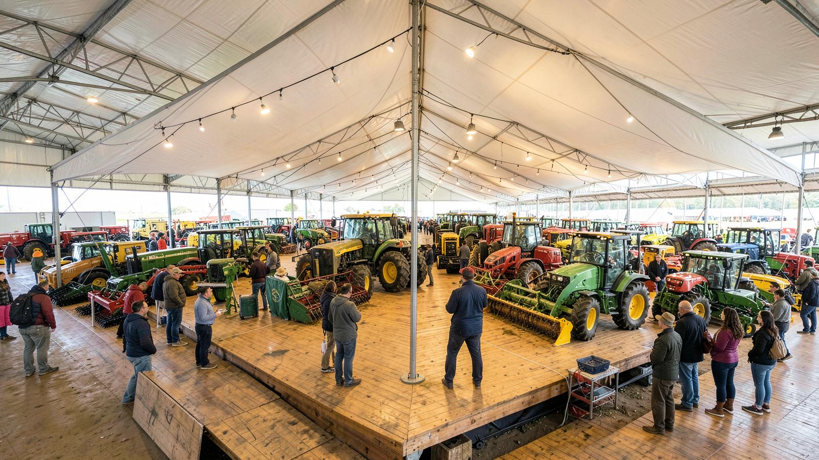 Grande tenda branca cobrindo máquinas agrícolas expostas sobre piso elevado de madeira em feira do agronegócio