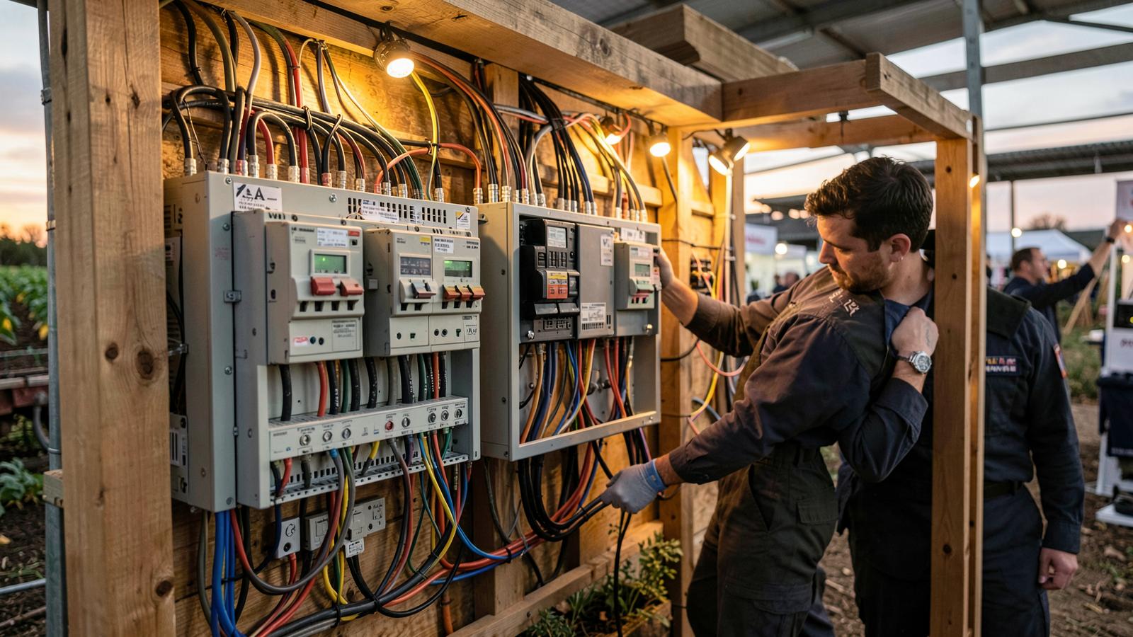 Quadro elétrico com disjuntores e cabeamento organizado em stand de feira agrícola, com eletricista fazendo ajuste