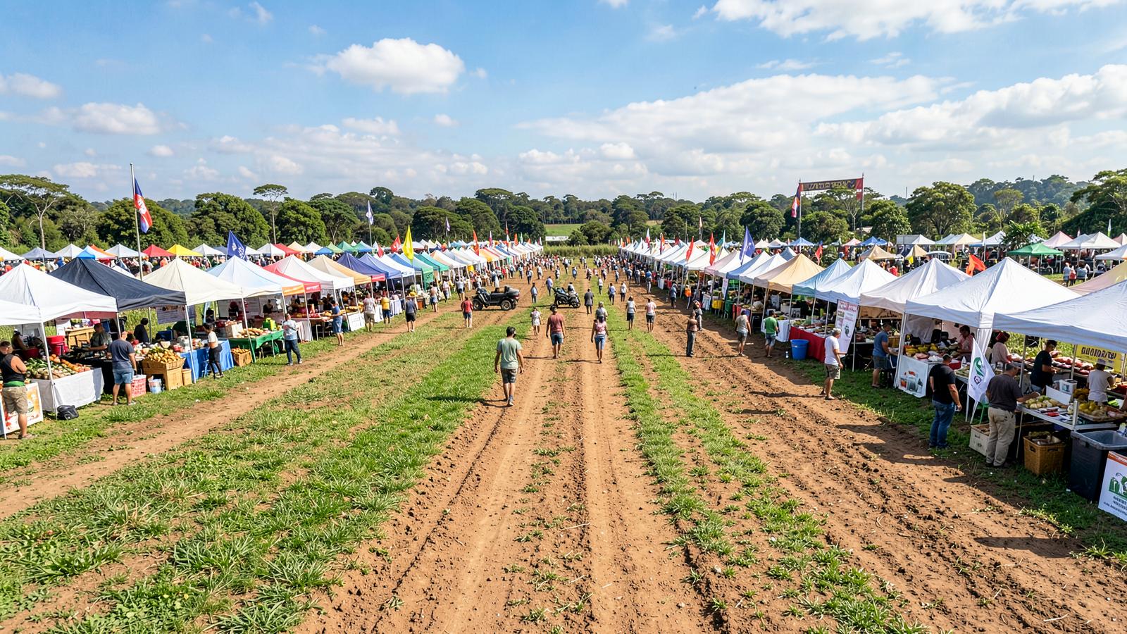 Parque de feira do agronegócio a céu aberto com alamedas de terra, tendas brancas de expositores e visitantes circulando em dia de evento