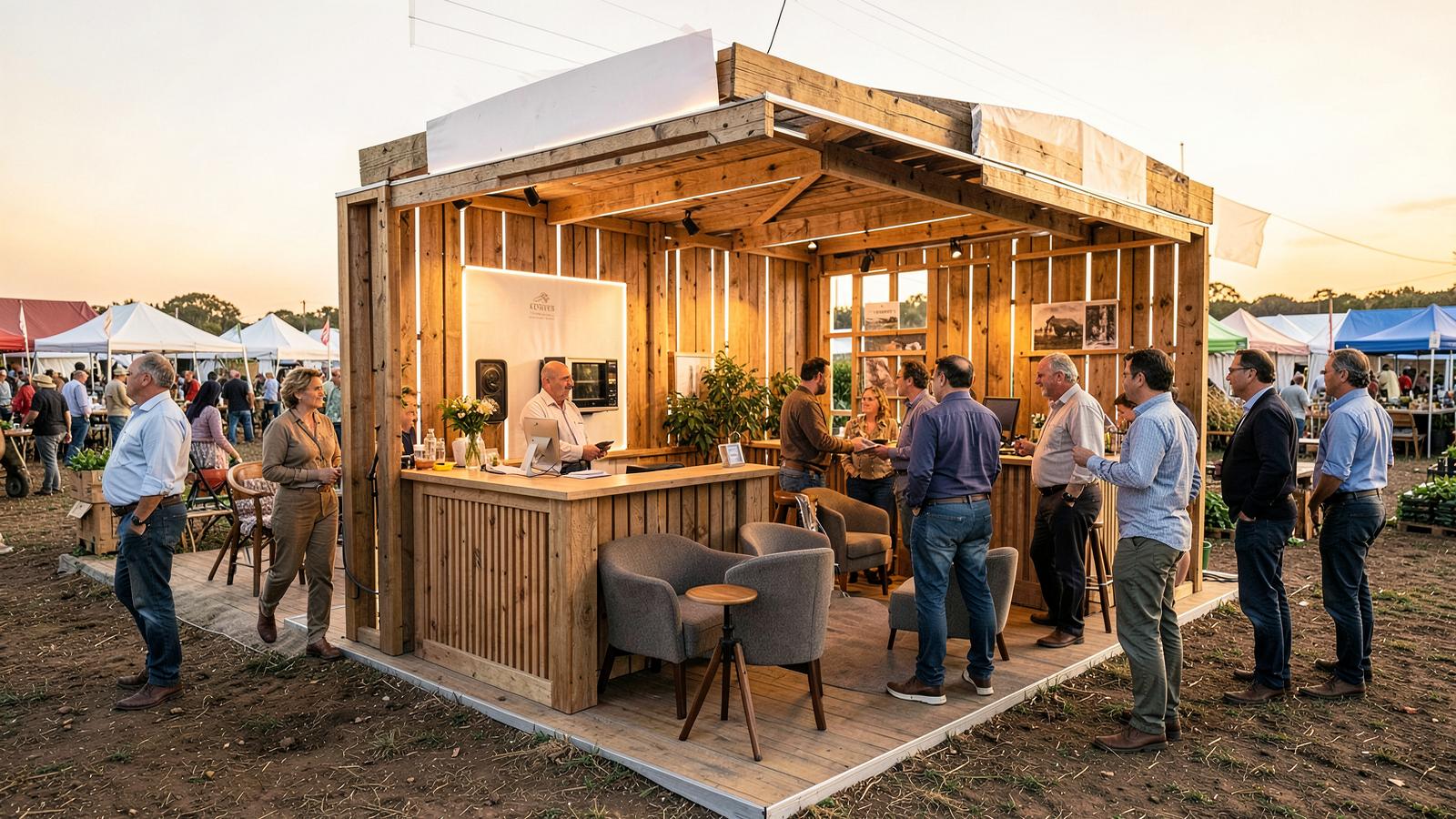 Stand de madeira montado em feira agrícola com balcão de atendimento, lounge e visitantes conversando com a equipe comercial