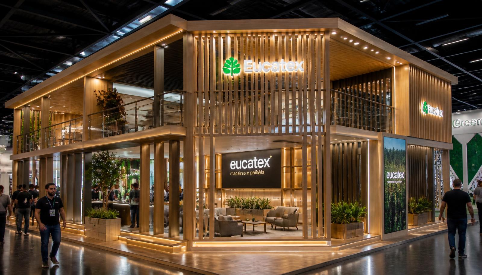 Stand construído de dois pavimentos em marcenaria com ripado de madeira, letra caixa iluminada e lounge de negociação em pavilhão de feira