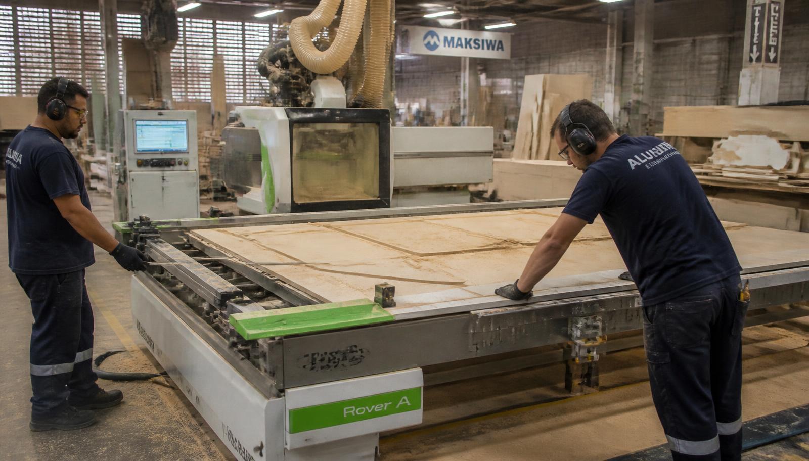 Marcenaria própria produzindo painéis em MDF com máquina CNC para stand construído de feira