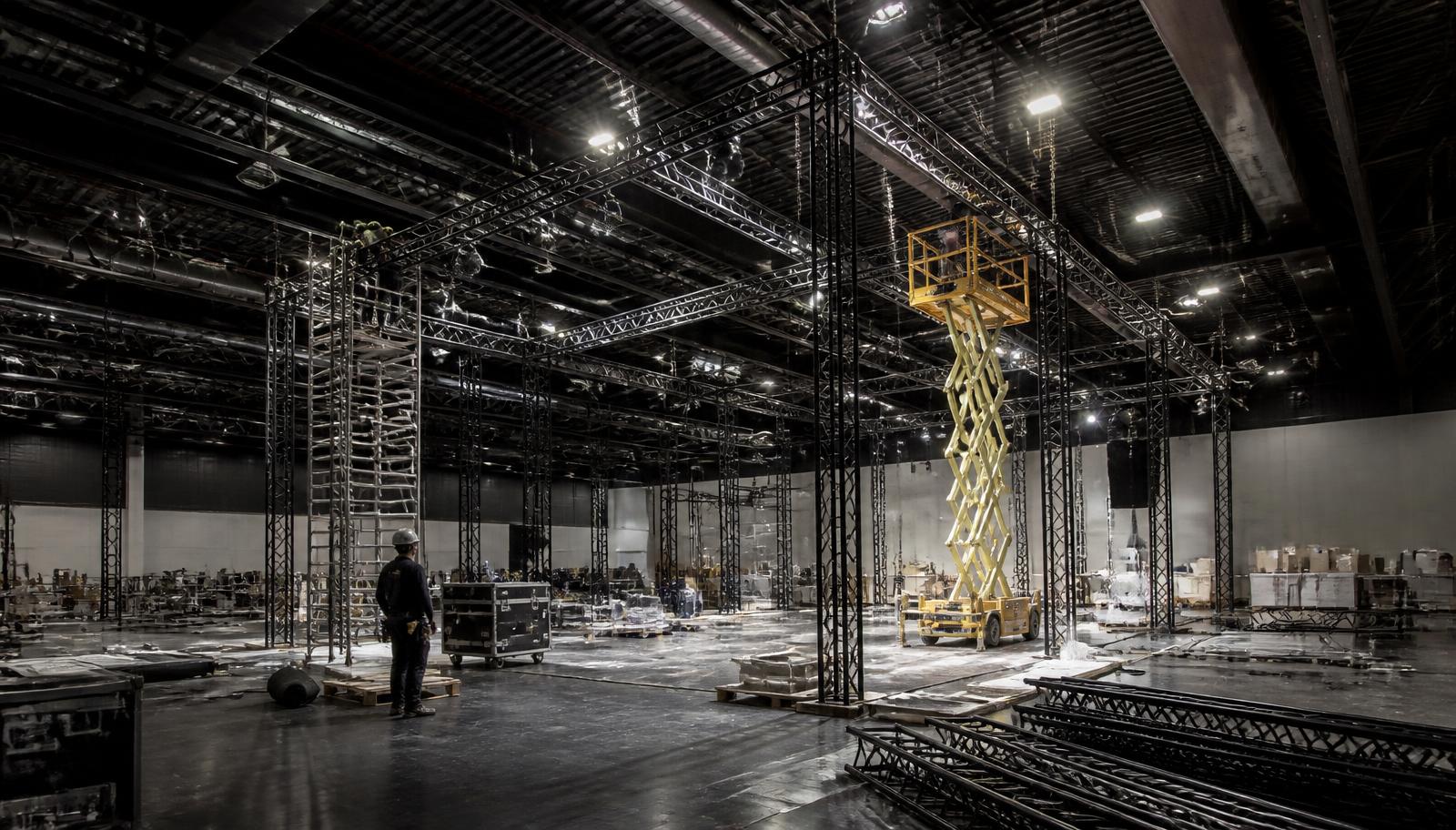 Montagem noturna de estrutura metálica e treliças de stand construído dentro de pavilhão de feira vazio