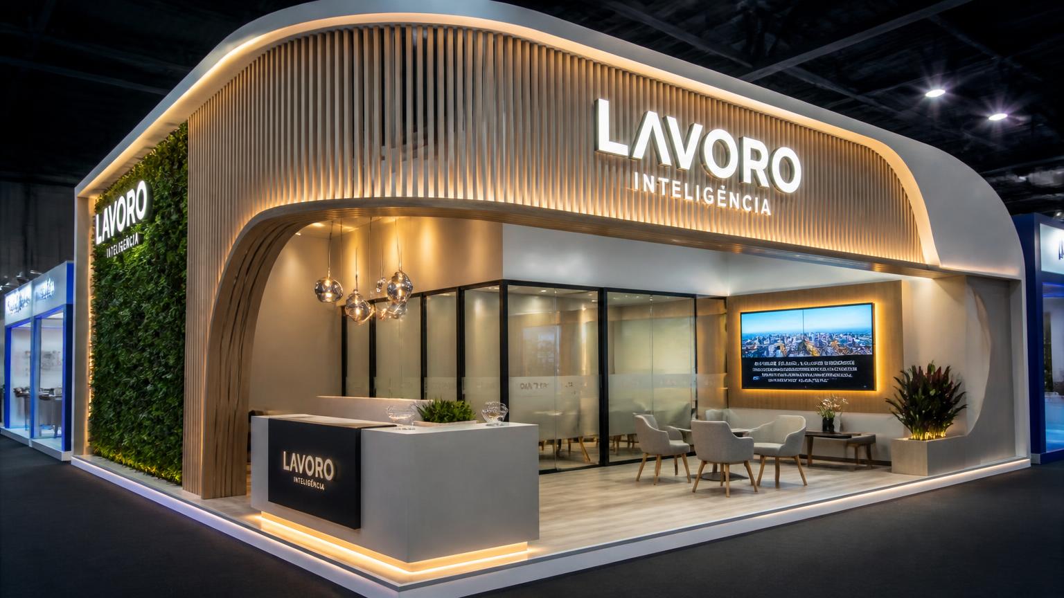 Stand construído em marcenaria com paredes curvas, ripado de madeira, logotipo em letra caixa iluminada, sala de reunião em vidro e lounge