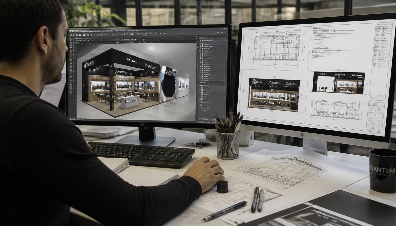 Arquiteto revisando render 3D de stand construído e pranchas de projeto executivo em escritório de arquitetura promocional