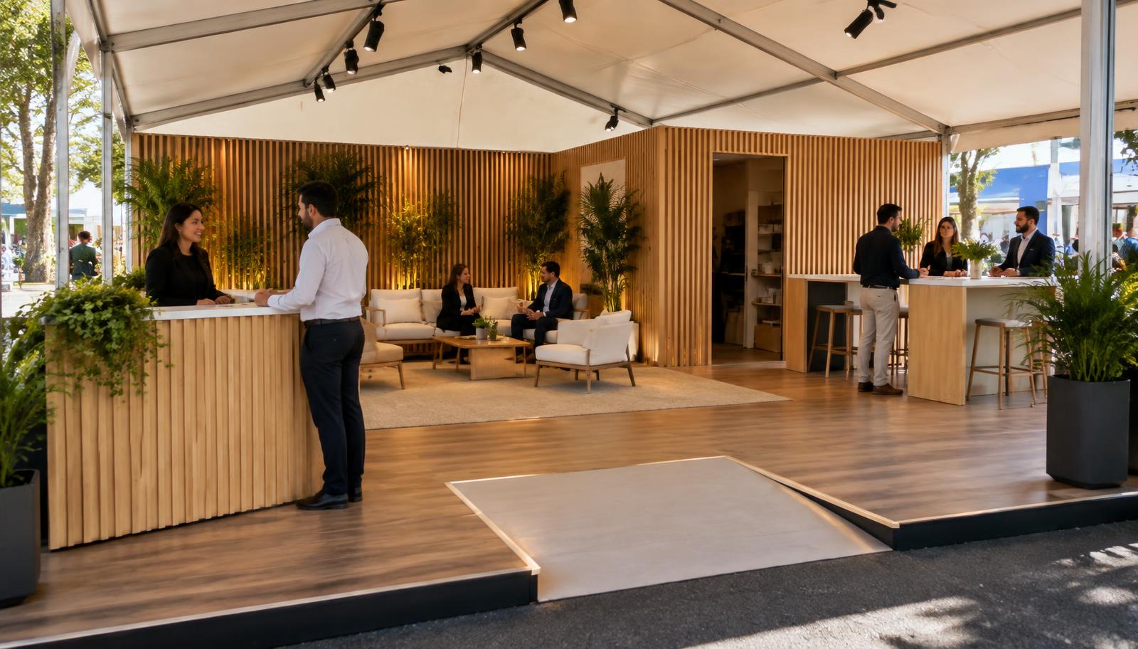 Interior de stand externo sob tenda com recepção, lounge, depósito e circulação acessível