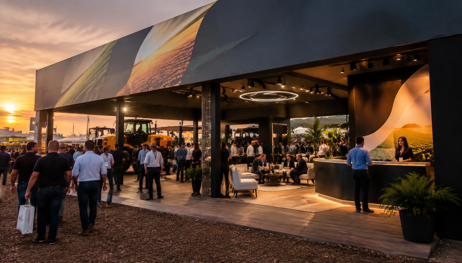 Stand externo pronto sob grande cobertura com recepção, lounge e visitantes em feira