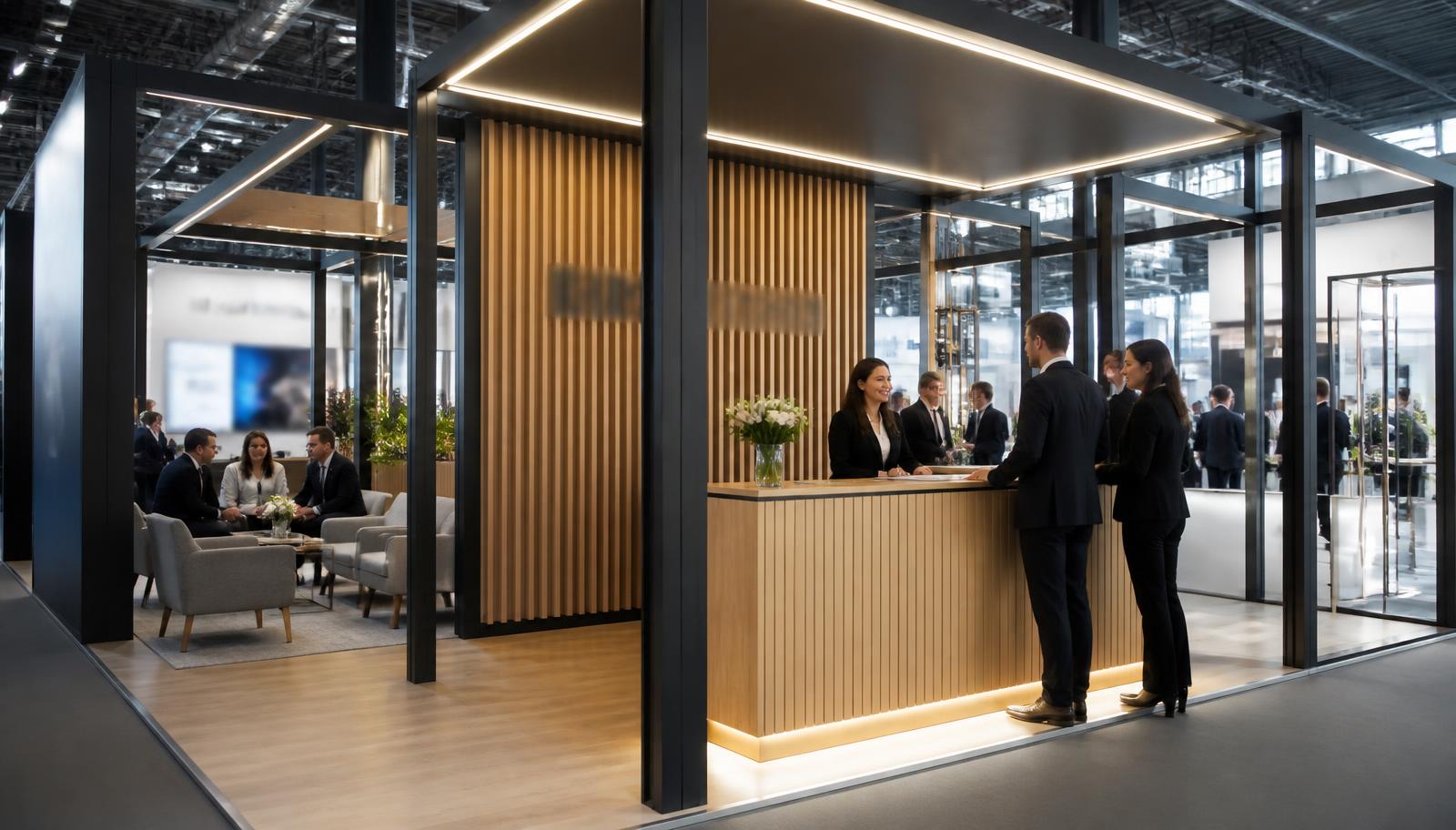 Área de recepção de stand corporativo com balcão revestido em madeira, estrutura metálica e sala de reunião ao fundo